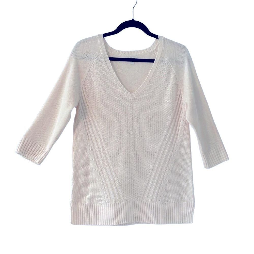 New York & Co. white V-neck sweater 3/4 raglan sleeves fancy stitch M